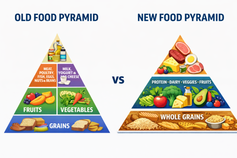 New food pyramid showing protein, vegetables, fruits and whole grains